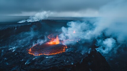 A foggy sky is offset by an aerial view of a erupting spewing lava smoke