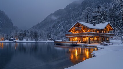 Fototapeta premium Cabin by the Lake in Snowy Mountains