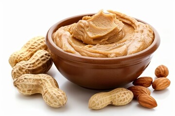 Peanut butter and peanuts on white background Spreading in bowl