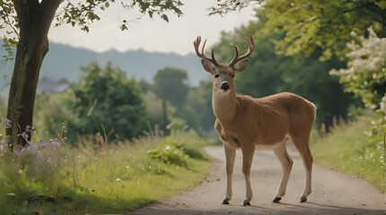 Fototapeta premium a deer that is standing on a dirt road