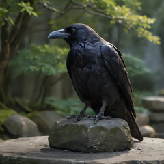 Fototapeta premium a black bird sitting on a rock in the woods