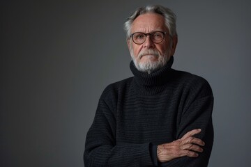 Fototapeta premium Photo of elderly man in sweater with crossed arms on grey background