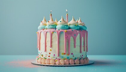 Pink and white buttercream icing colorful sprinkles and a lit candle on a gray background decorate the birthday cake