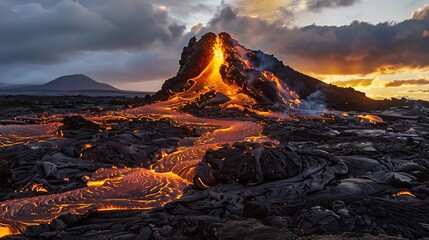 A hill with lava streaming from the peak