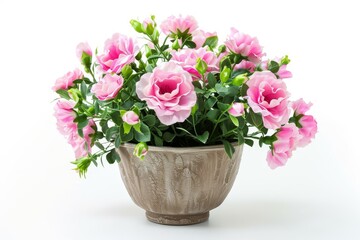 Pink eustomas in white pot on white background