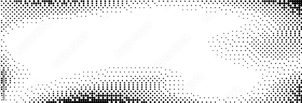 Poster Black and white pixelated bitmap gradient texture. Dither spots background. 8 bit video game screen wallpaper. Retro glitchy pixel art illustration. Abstract vector wavy dithering border overlay