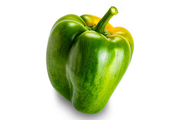 Closeup of single fresh green bell pepper, paprika isolated on white background with clipping path.