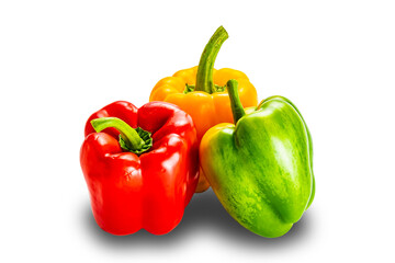 Closeup of group red, yellow and green bell pepper. paprika isolated on white background with clipping path.