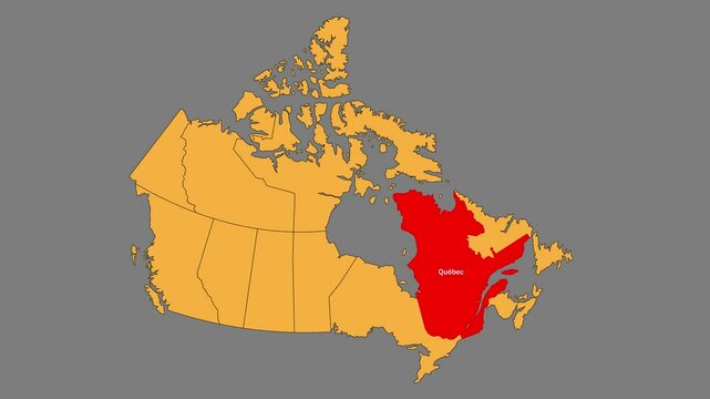 Quebec map animated video. Map Highlighted on the Canada map with animation and colour with Gray background in video format.	
