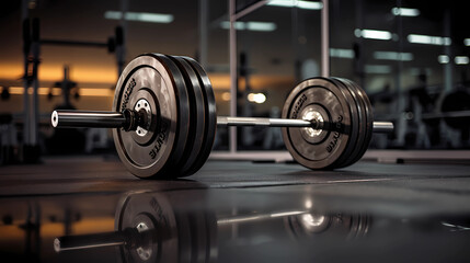 Fototapeta premium Close-up of barbell with athletic plates on the floor in a sports club. 