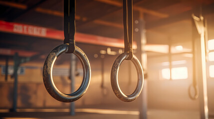 Wooden sport rings in gym, viewed in close-up with selective focus. Pair of rings is blurred in background. Gymnastics equipment concept
