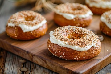 Whole grain bagels with cream cheese on wooden board selective focus Whole grain bagels with cream cheese on wooden board