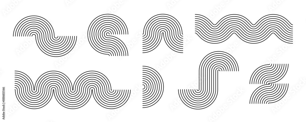 Poster black line boho style arch and wave set. mid century linear curve shapes collection. decorative outl
