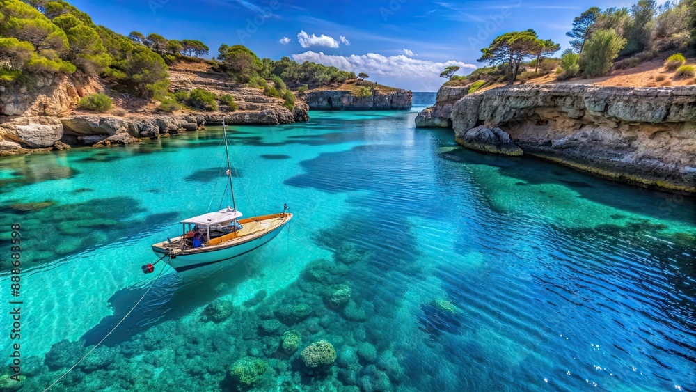 Poster Boat in a lagoon sailing on a sea with azure blue and water. Vacation spirit in Mallorca, Balearic Islands, Mediterranean Sea