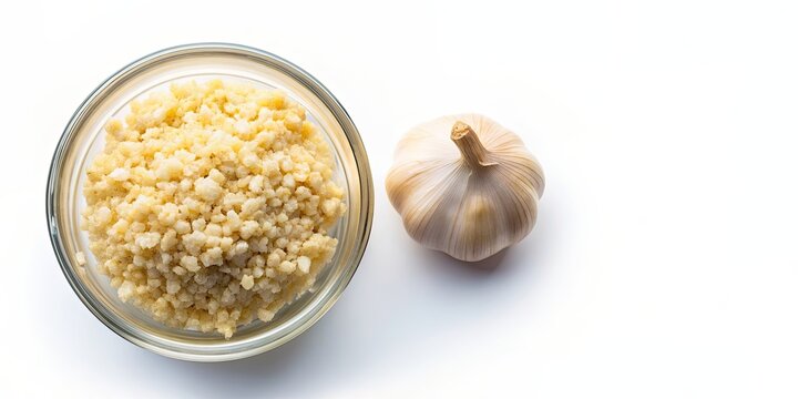 Top view of a glass bowl filled with minced garlic on a white background, garlic, mince, kitchen, ingredient, cooking, food