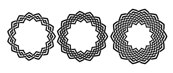 Retro knot circle frame set. Black celtic round border collection. Braid and rope ornament and motif pattern for banner, poster, frame. Circular design elements bundle. Vector pack