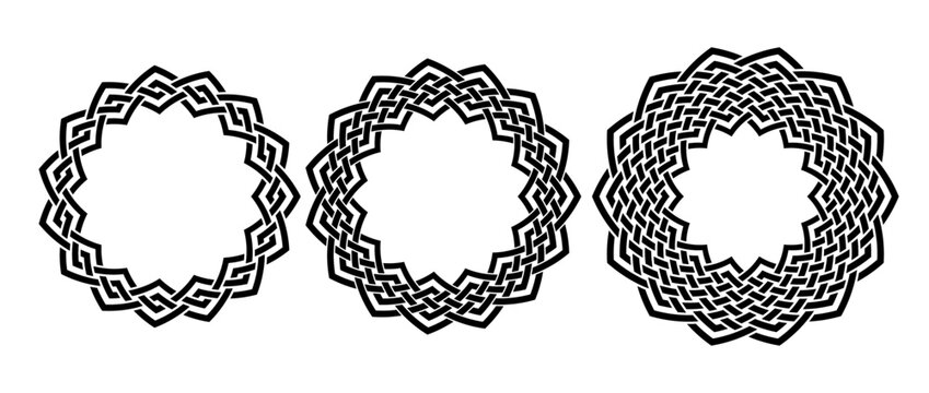Retro knot circle frame set. Black celtic round border collection. Braid and rope ornament and motif pattern for banner, poster, frame. Circular design elements bundle. Vector pack