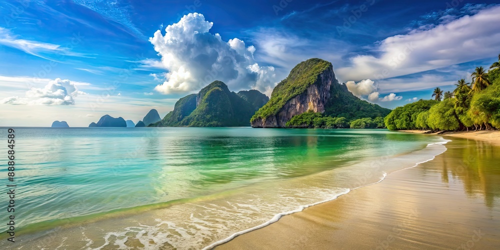 Poster Ocean landscape beach in Thailand, beach, ocean, Thailand, tropical, paradise, waves, palm trees, white sand, blue sky