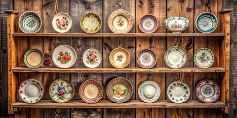Fototapeta premium Old wooden shelf adorned with vintage ornate porcelain dishes, porcelain, dishes, vintage, old, wooden shelf, decor, antique