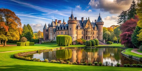 Fototapeta premium Castle nestled in a picturesque park setting, castle, park, royalty, fairy tale, architecture, greenery, landscape, historic