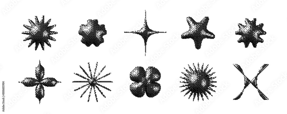 Poster pixelated 3d y2k shape set. bitmap stars, flowers, sparkles, waves element collection. retro 8 bit s