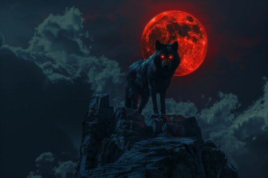 Fenrir with glowing eyes and dark fur standing on a rocky cliff, with a blood-red moon and ominous clouds , genetated by ai
