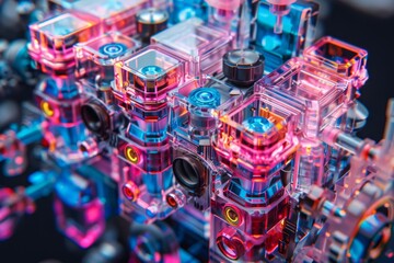 Fototapeta premium Futuristic digital artwork with neonlit geometric shapes vibrant colors dynamic and imaginative design modern and striking visual impact ethereal and lively atmosphere