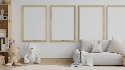 Mock up frame in children room with natural wooden furniture, 3D render Stock Illustration
