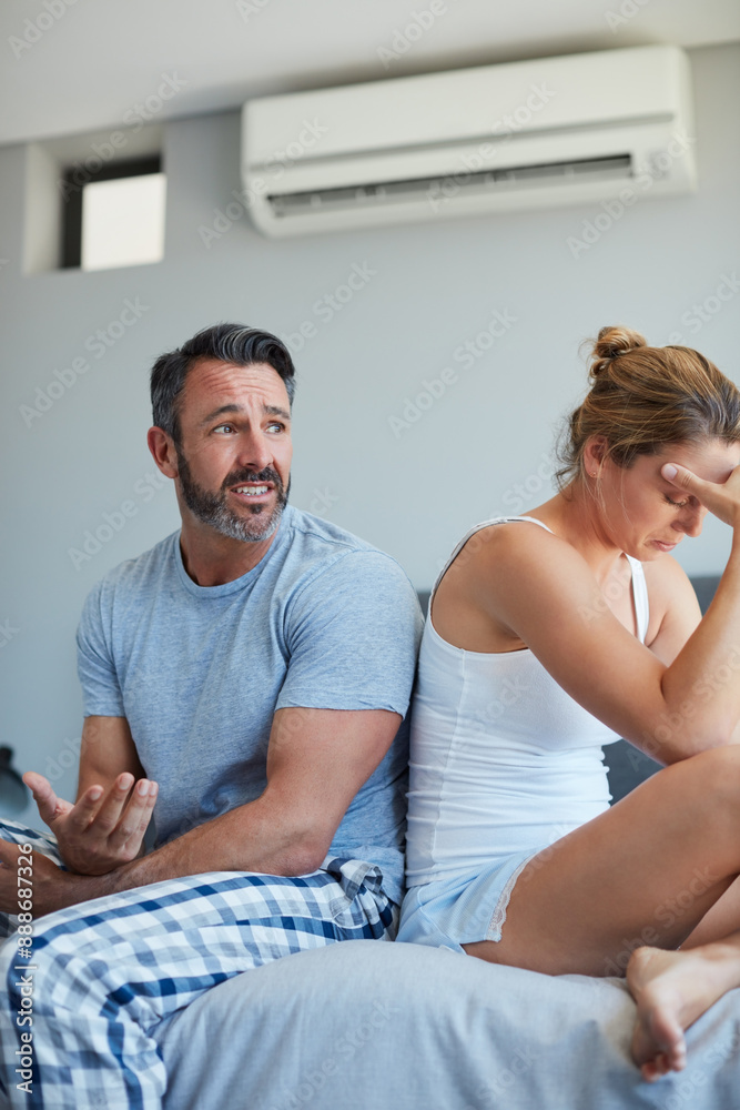 Wall mural Woman, couple and fight on bed with argument for disagreement, conflict and cheating affair. Stress, people or angry for toxic relationship, marriage fail and breakup with dispute in bedroom of home