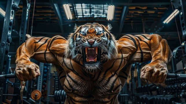 Strong male tiger roaring in the gym, bodybuilding concept