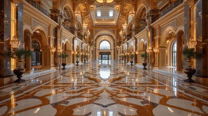 Obraz premium Grand Hallway with Intricate Marble Flooring and Golden Accents