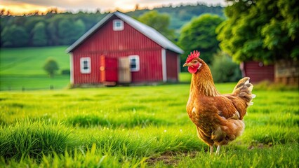 A hen standing in a farm surrounded by green grass and a red barn in the background, Hen, farm, rural, agriculture