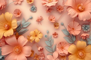 Beautiful background with bright flowers on a orange background, created by ai