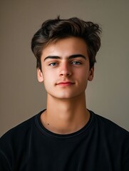 A young man in black shirt looking at the camera.