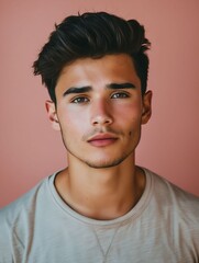 Obraz premium A young man with a beige shirt and brown hair.