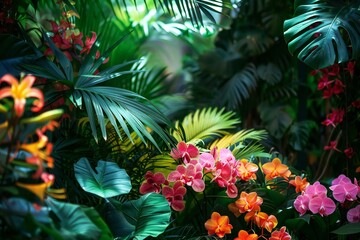 Close up flowers, orchids in tropical forest, generated by ai