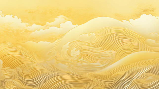 うねり　屏風　金色