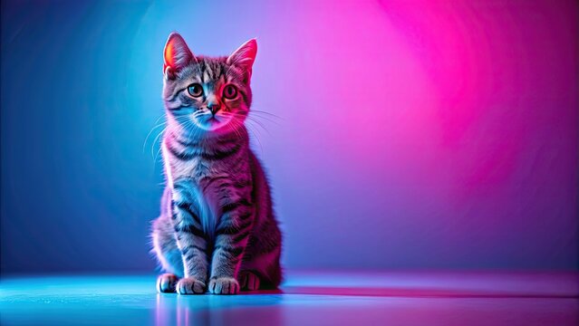 Cute cat in pink and blue neon light in a studio, cute, cat, pink, blue, neon, light, studio, pet, adorable, feline, vibrant
