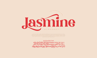 Jasmine swash luxury elegant alphabet letters and numbers. Vintage wedding typography classic serif font decorative vintage retro. creative vector illustration