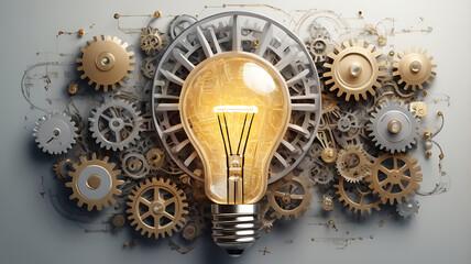 An illustration depicting innovation, with a light bulb surrounded by gears, circuits, and creative ideas, symbolizing breakthroughs and technological advancements.
