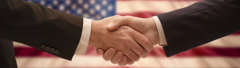 Businessmen Handshake in Front of US Flag
