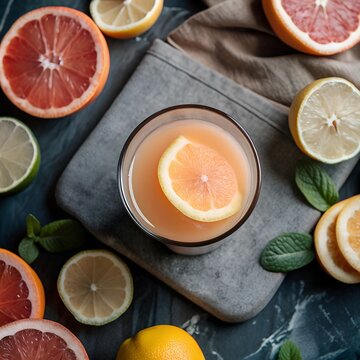 Refreshing citrus juice in glass with assorted citrus fruits and mint leaves