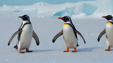 Obraz premium three penguins walking in the snow with their beaks open