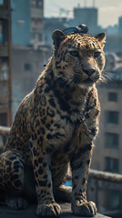 Obraz premium a leopard sitting on a ledge in the city