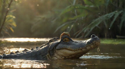 Fototapeta premium a large alligator that is floating in the water