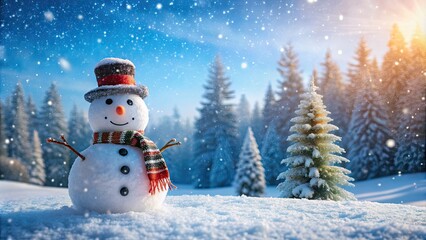 Obraz premium Snowman standing in a winter wonderland covered in snow , Christmas, holiday, snowman, winter, seasonal, festive, cold