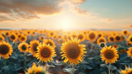 Fototapeta premium Sunflowers Blooming Under Golden Sunset