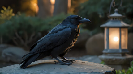 Fototapeta premium a black bird sitting on a rock next to a lantern
