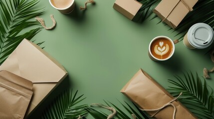 Flat lay of various eco-friendly food packaging on green background.