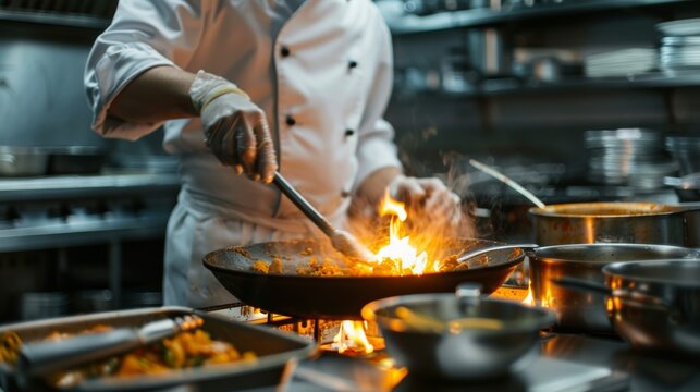 Professional chef in white uniform is cooking creative meal Prepare food in the cooking process by the chefs in the restaurant's kitchen.